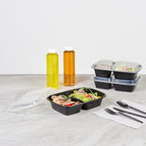 Asporto 32 oz Black Plastic 2 Compartment Food Container - with Clear Lid, Microwavable - 8 3/4" x 6" x 2" - 100 count box