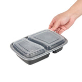 Asporto 32 oz Black Plastic 2 Compartment Food Container - with Clear Lid, Microwavable - 8 3/4" x 6" x 2" - 100 count box