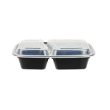 Asporto 32 oz Black Plastic 2 Compartment Food Container - with Clear Lid, Microwavable - 8 3/4" x 6" x 2" - 100 count box