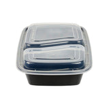 Asporto 32 oz Black Plastic 2 Compartment Food Container - with Clear Lid, Microwavable - 8 3/4" x 6" x 2" - 100 count box