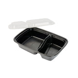 Asporto 32 oz Black Plastic 2 Compartment Food Container - with Clear Lid, Microwavable - 8 3/4" x 6" x 2" - 100 count box