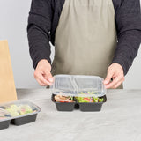 Asporto 32 oz Black Plastic 2 Compartment Food Container - with Clear Lid, Microwavable - 8 3/4" x 6" x 2" - 100 count box