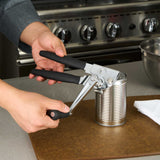 German Standard Black Stainless Steel Handheld Crank Can Opener - Magnetic Lid Lifter, Long Handles - 8 3/4" x 2 1/4" x 3 1/2" - 6 count box